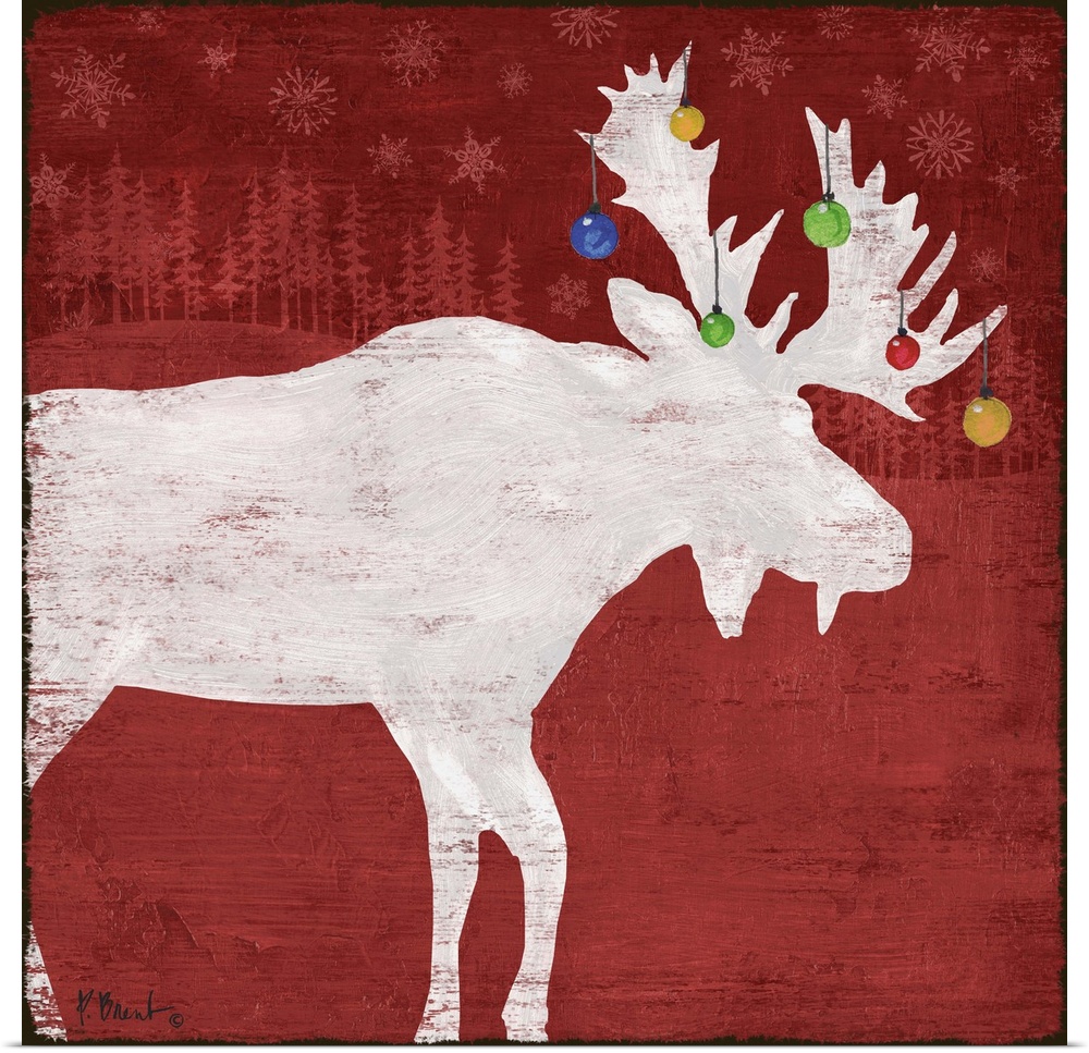 White silhouette of a moose with ornaments on its antlers on a red forest backdrop.