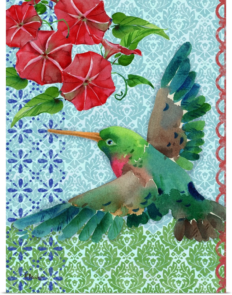 Watercolor painting of a hummingbird in flight with red flowers in the top corner on a blue and green patterned background.
