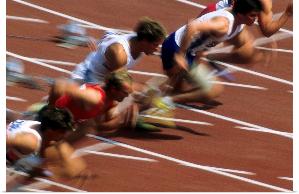 Blurred action of men's 100 meter sprint race.