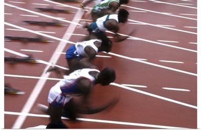 Detail of start of men's 100 meter sprint race