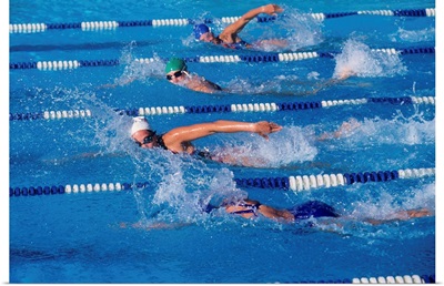 Female swimmers competing in a freestyle race