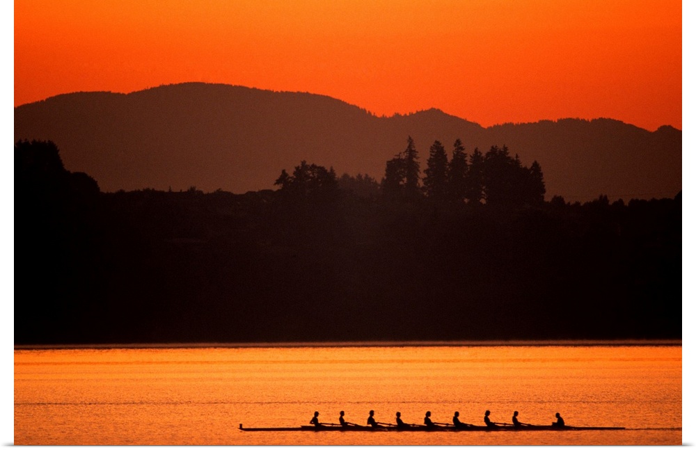Silhouette of men's eights rowing team in action