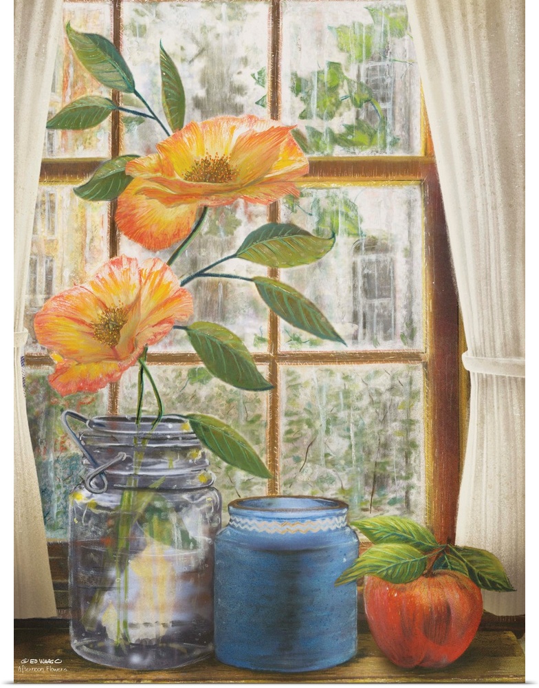 Artwork of flowers in a glass vase sitting in front a window.