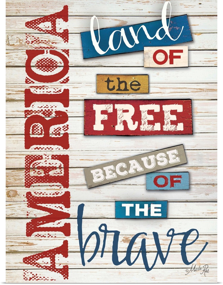 Patriotic typography art in red white and blue against white distressed wooden boards.