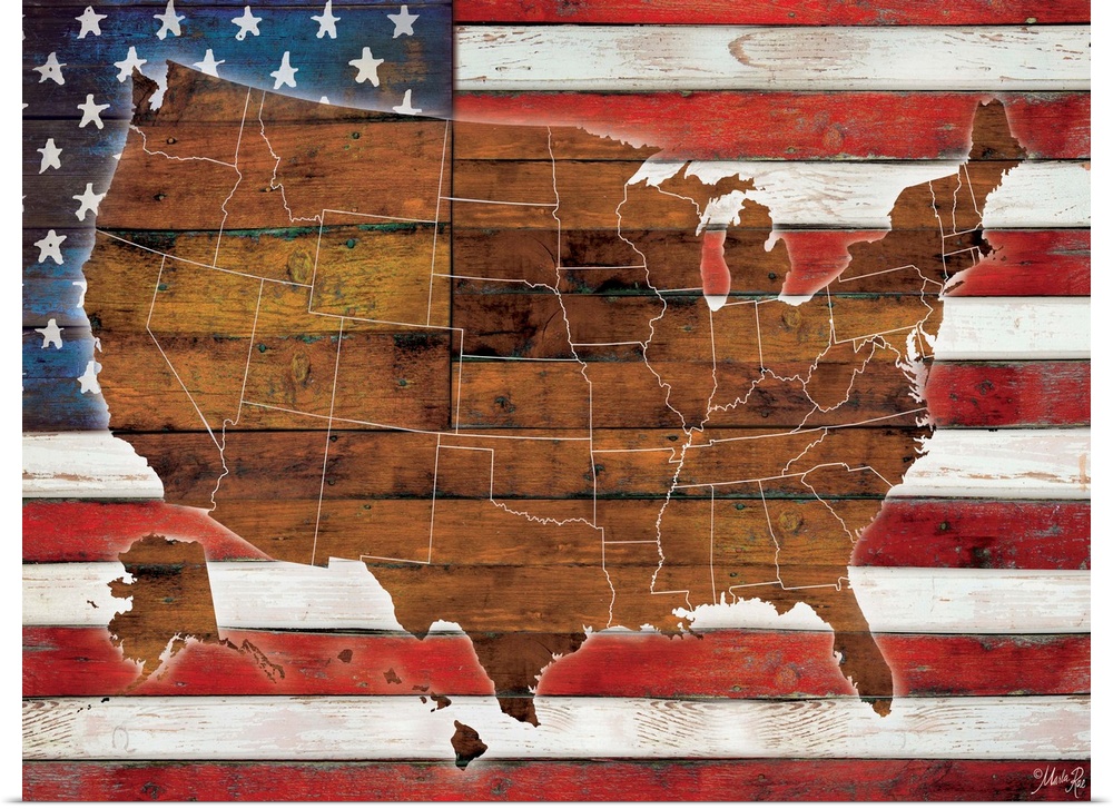 A map of the United States in wood on an American Flag.