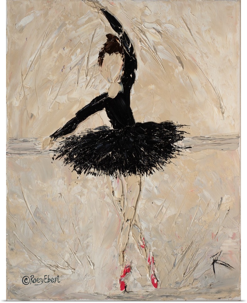 Vertical abstract of a ballerina in black artfully done in bold brush strokes.