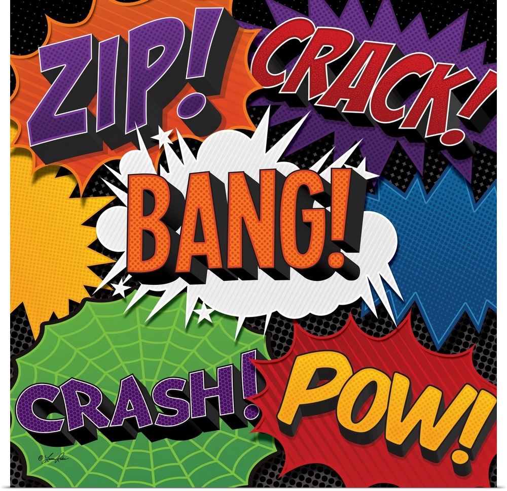 Comic book style action sound effects in bright colors and designs.