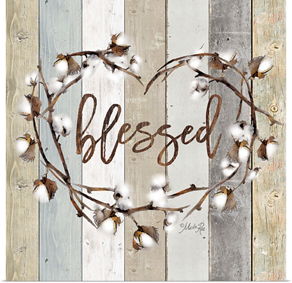 "Blessed" in the middle of a heart wreath of cotton against a shiplap background.