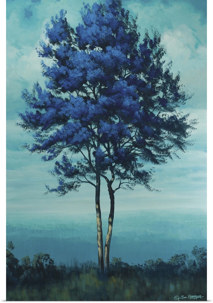 Painting of a tall blue tree under a cloudy sky.