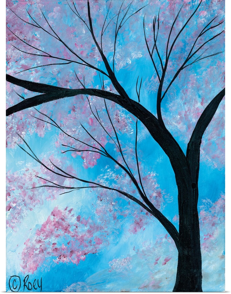 Vertical contemporary painting of a Cherry Blossoms Tree surrounded by brilliant blue skies.