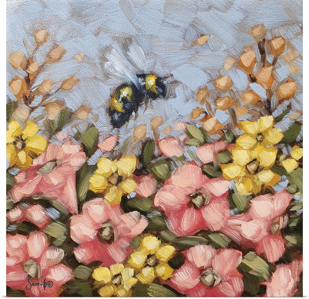 A sweet, contemporary painting of a bee hovering above pink and yellow flowers, with very noticeable brush strokes