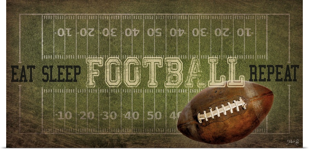A football typography design with the field with yardlines and a ball.