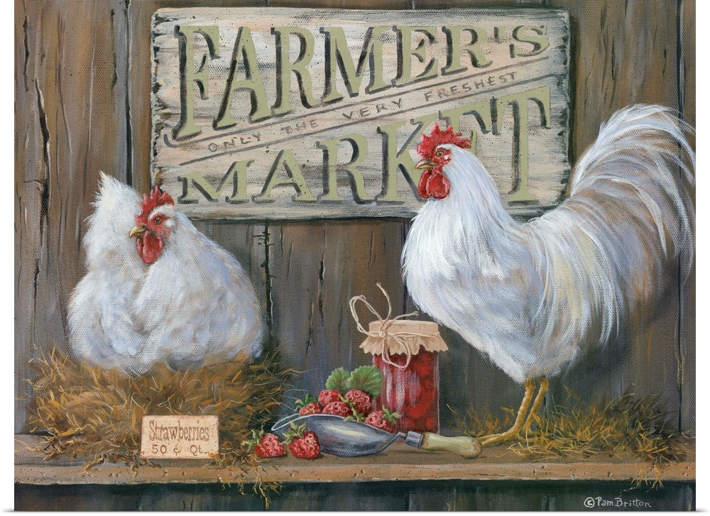 Two white chickens with berries and jam and a sign reading "Farmer's Market."