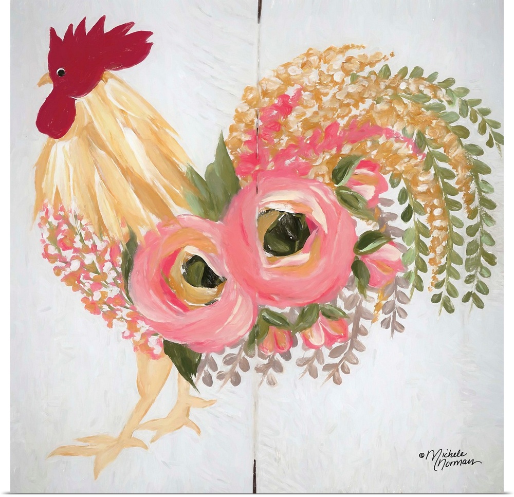 Floral Rooster on White