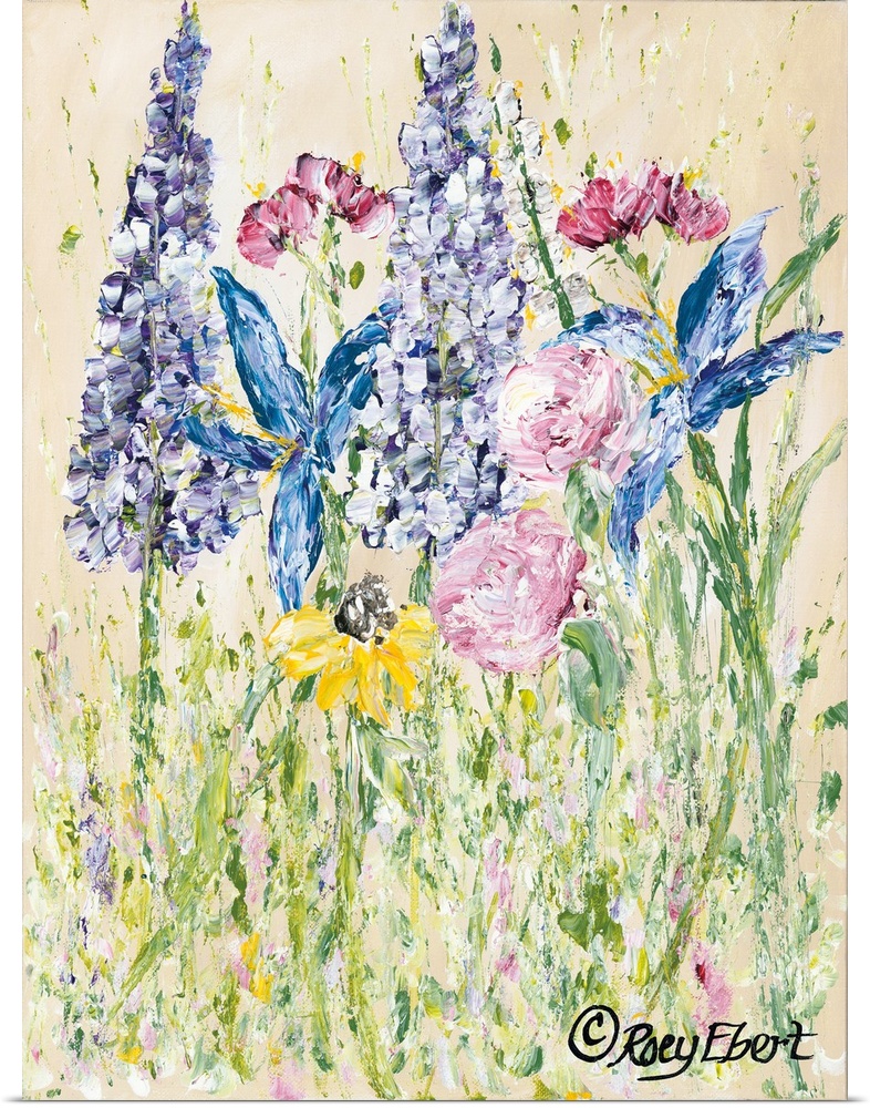 An vertical contemporary painting of wild flowers with an organic textured quality.