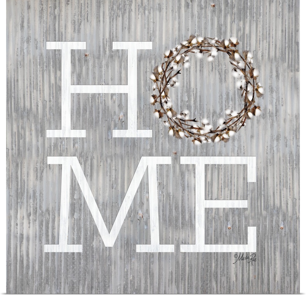 "Home" with a wreath on a weathered metal background.