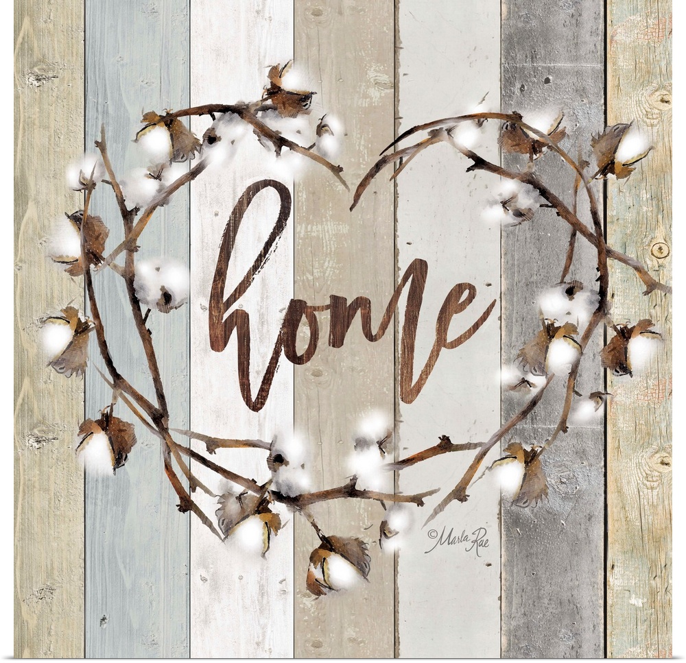 "Home" in the middle of a heart wreath of cotton against a shiplap background.