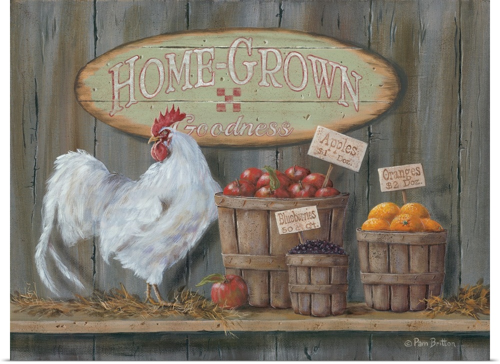 A white chicken with small barrels of fresh produce with a sign that reads "Homegrown Goodness."
