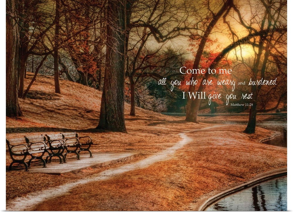 A path through a park in autumn at sunset, with a bible verse.