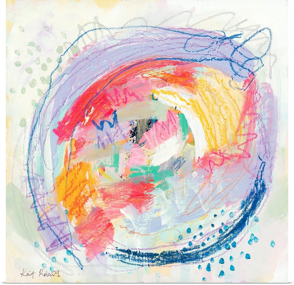 A fun, bright abstract in pastel colors and a circular design.