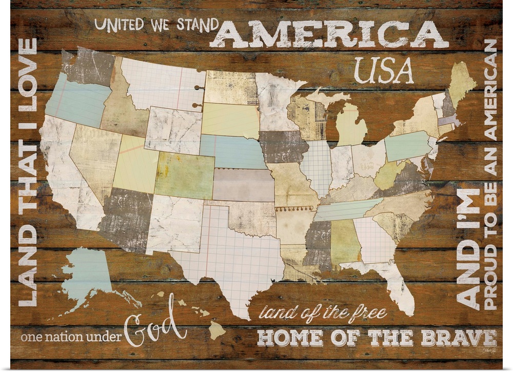 A map of the United States of America with phrases from patriotic songs.