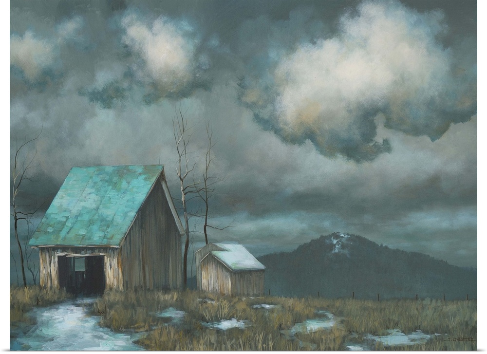 Painting of a run-down farm house and shed under dark stormy clouds in a field.