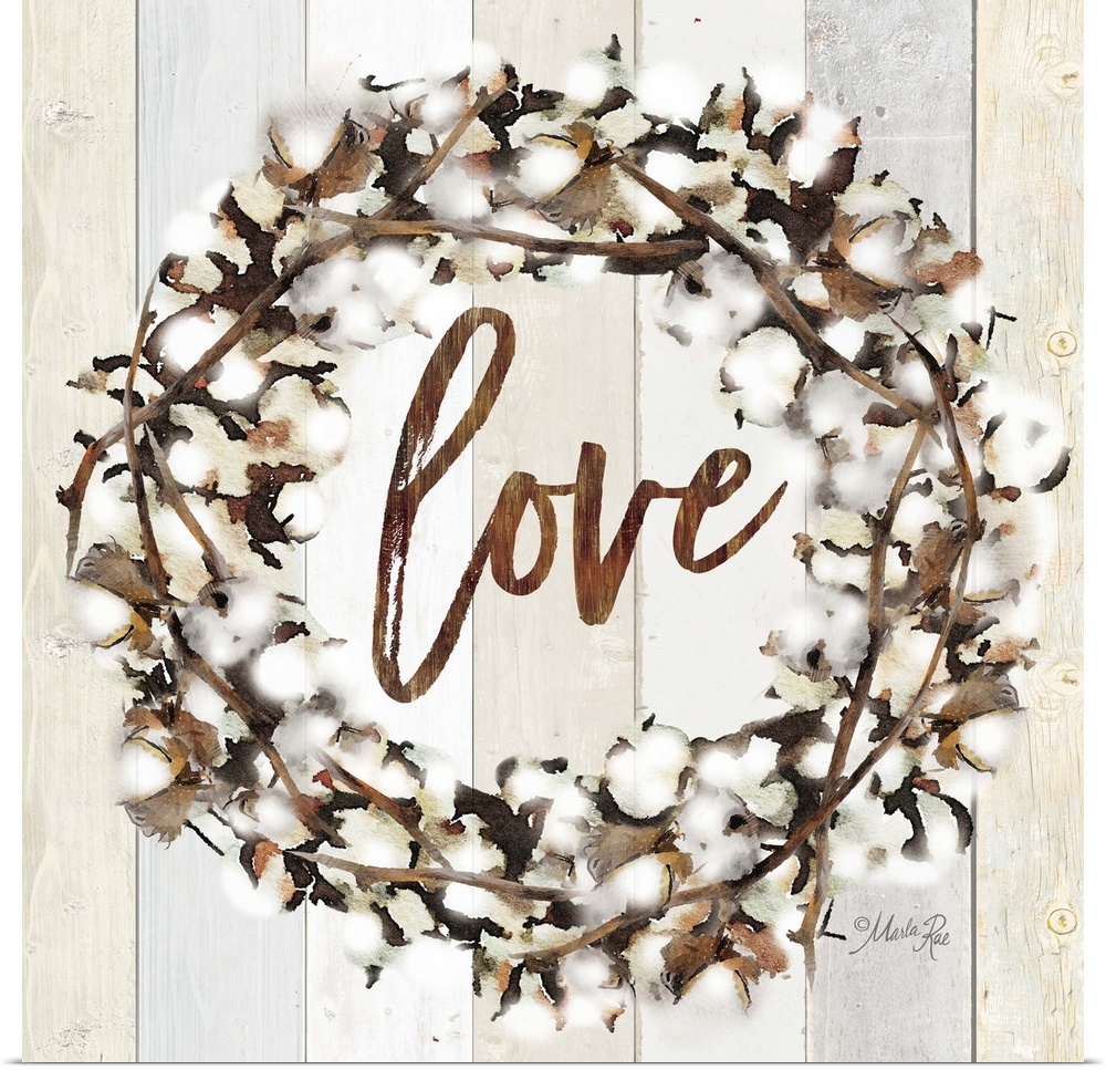"Love" in the middle of a wreath of cotton against a shiplap background.