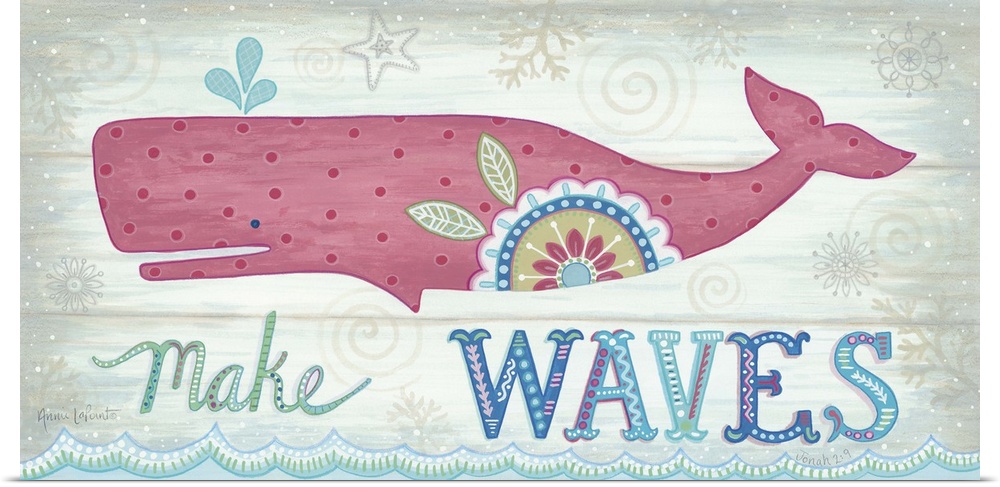 A pink whale on a textured wooden background.
