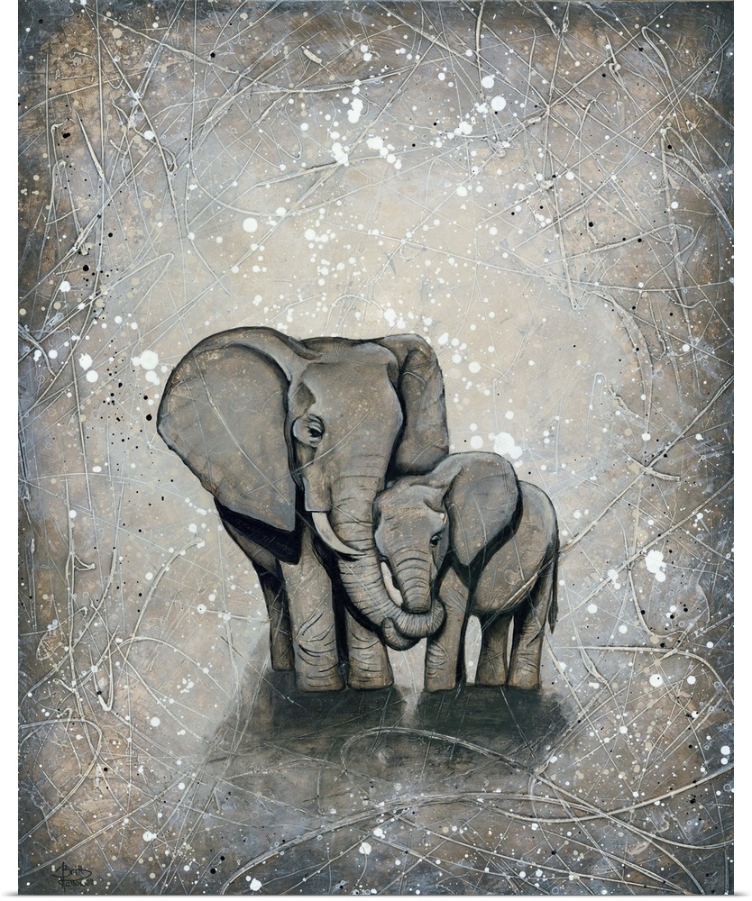 Painting of a mother elephant hugging her baby.