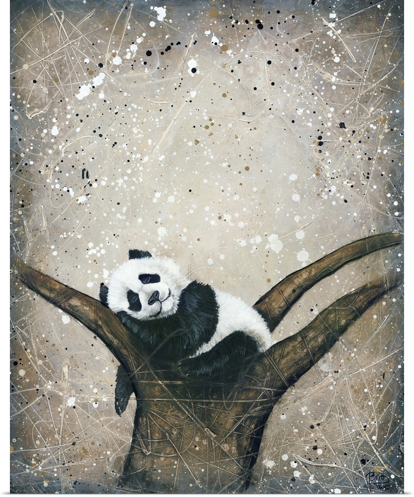 Painting of a panda bear sleeping in the crook of a tree.