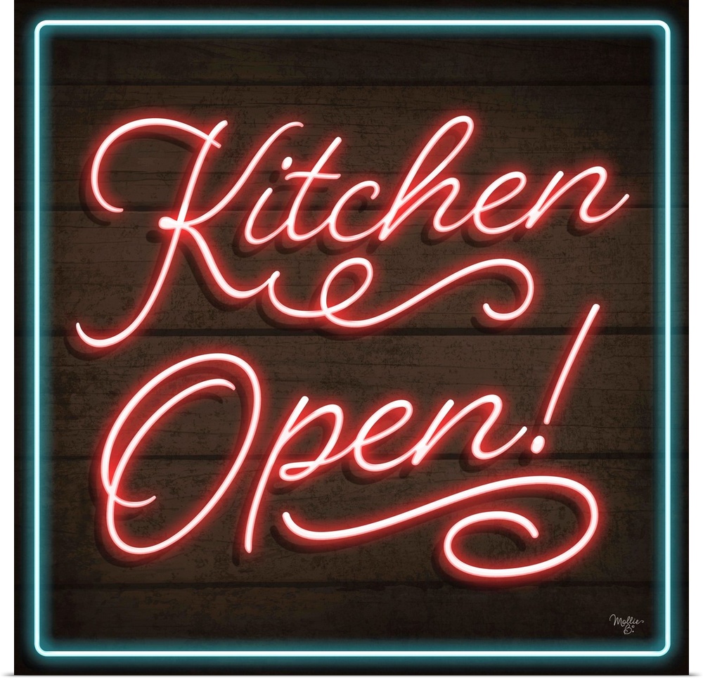 Retro sign resembling neon lights which reads "Kitchen Open!"