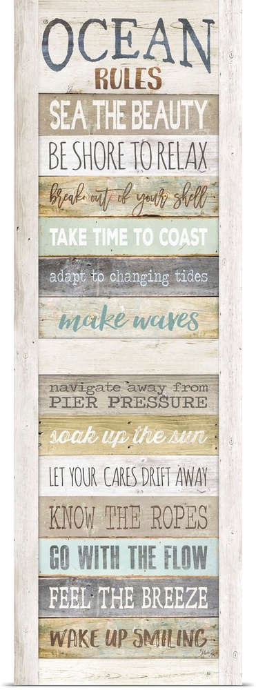 List of rules for enjoying the seaside painted on a wooden board background.