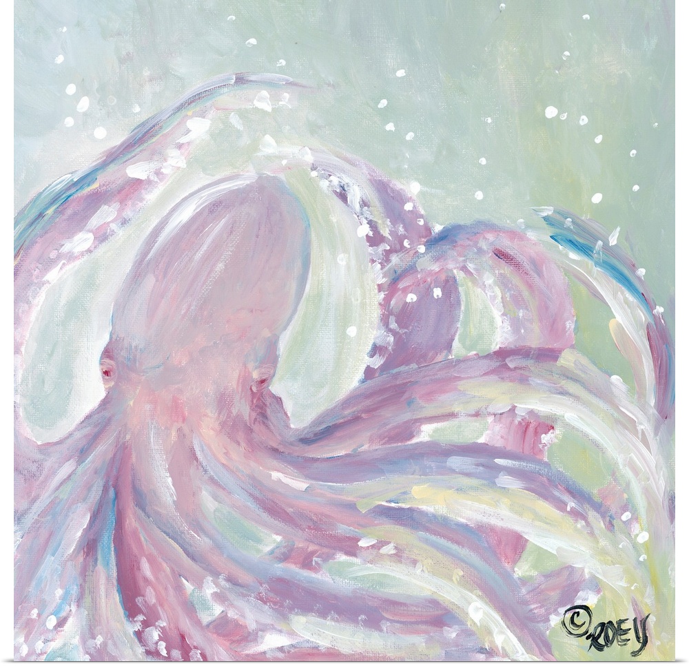 Square abstract painting of a pink octopus.