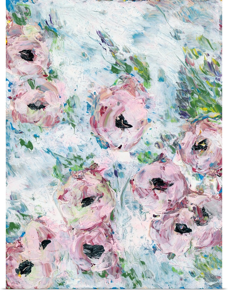 An abstract contemporary painting of a pink flowers with an organic textured quality.
