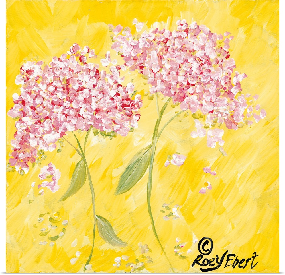 Square contemporary painting of Pink Hydrangeas against a bright yellow background.
