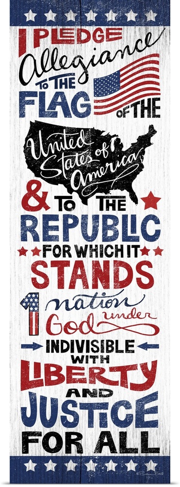 Handlettered artwork of the Pledge of Allegiance in red, white, and blue, on a textured background.