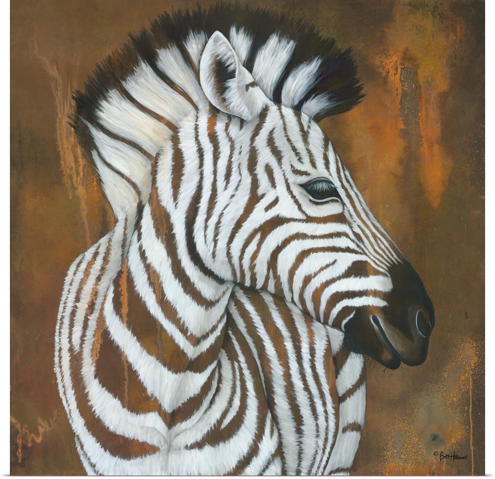 Contemporary square painting of a zebra against a textured rust colored background.