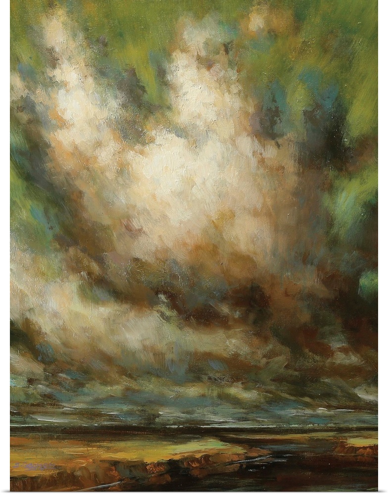 Contemporary painting of dramatic dark storm clouds in the sky.