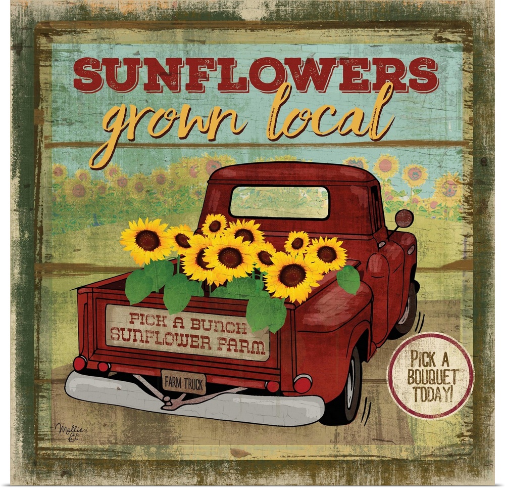 Vintage style sign with a weathered wood effect for sunflowers.