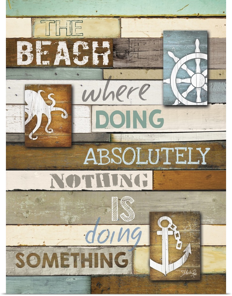 Cute coastal typography art on wooden boards with an anchor and octopus.