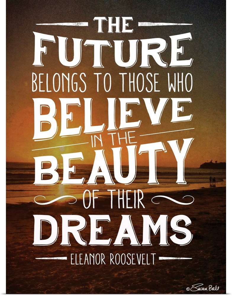 Inspirational quote in white lettering against a photograph of a beach at sunset