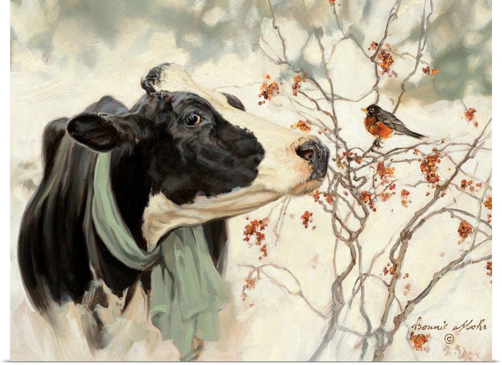 Contemporary artwork of a cow meeting a winter robin against a mottled background.
