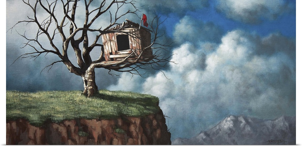 Contemporary painting of a treehouse in a large tree over a cliff with cloudy skies.