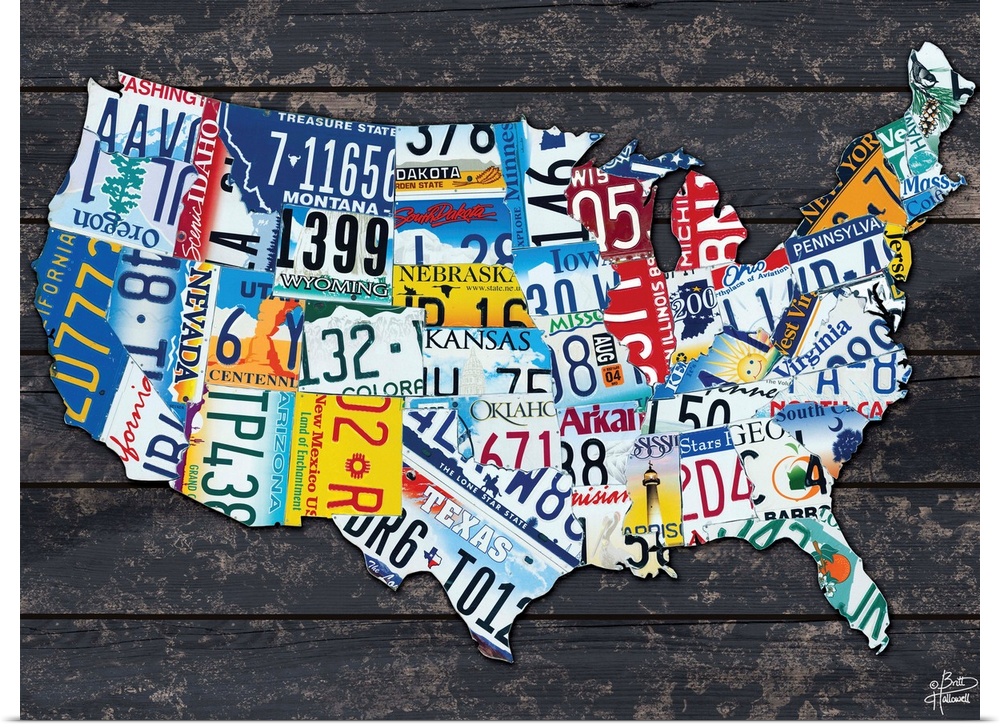 Map of the USA made from different license plates, against a dark wood planked background.