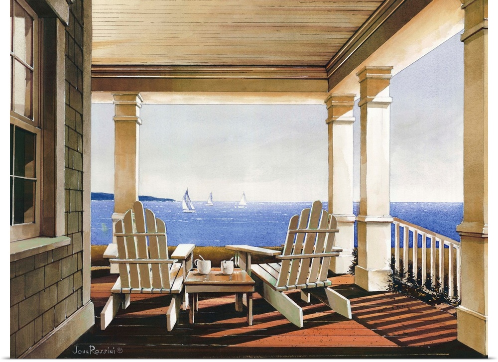 Art print of adirondack chairs on a covered porch overlooking the ocean in afternoon light.