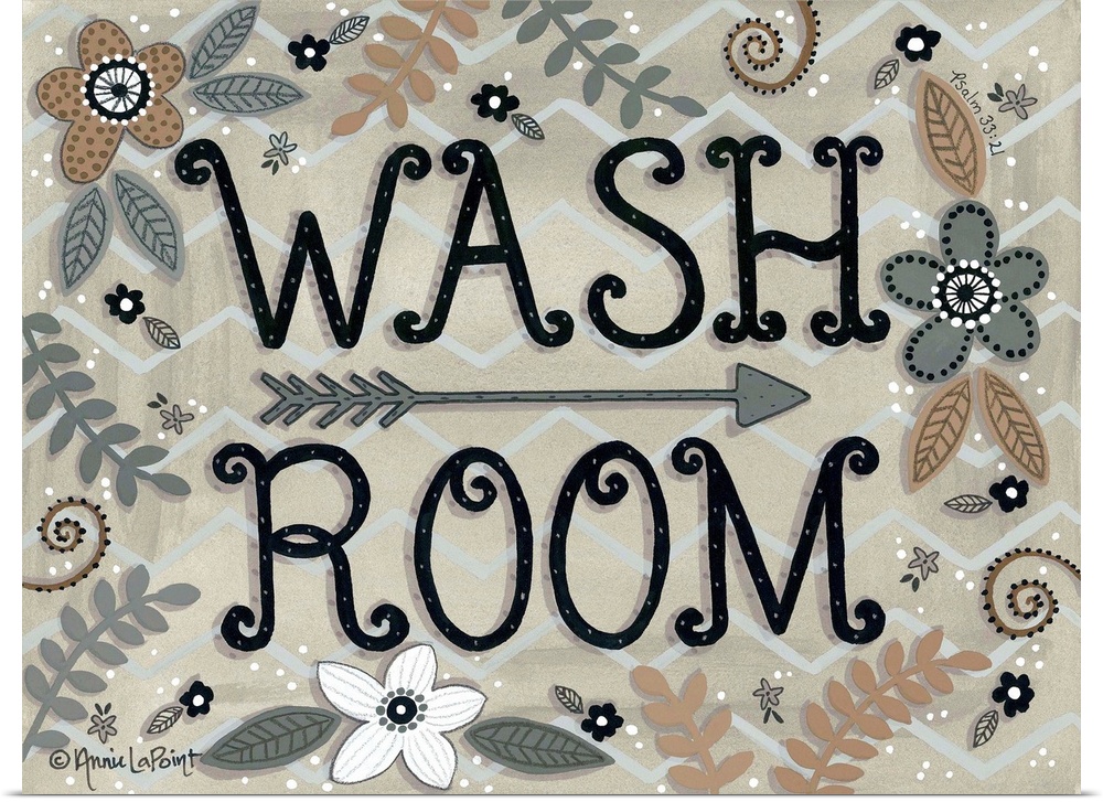 A folk art style sign with flowers and leaves with "Wash Room" in a curly font.