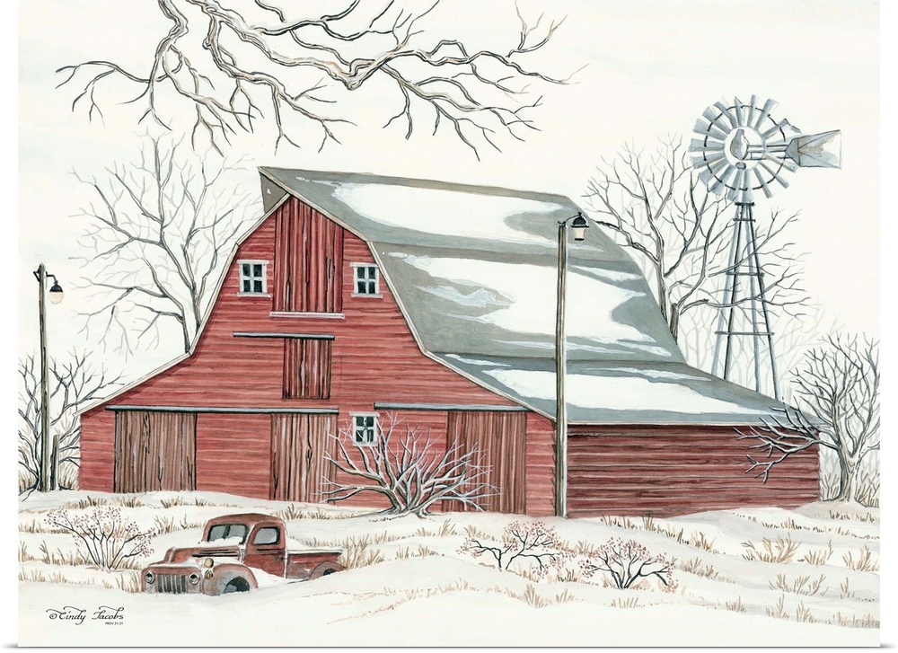 Winter Barn with Pickup Truck