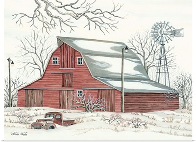 Winter Barn with Pickup Truck
