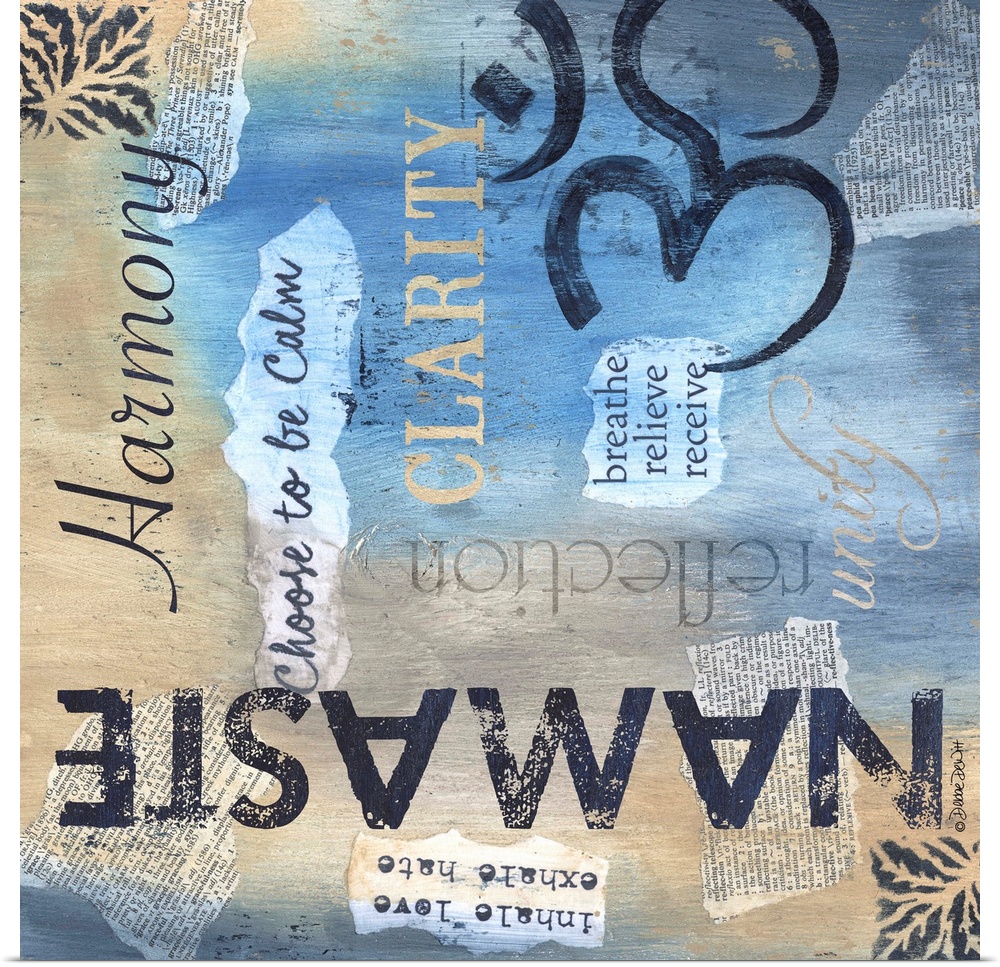 Artwork of yoga-themed words, phrases, and symbols on blue and tan.