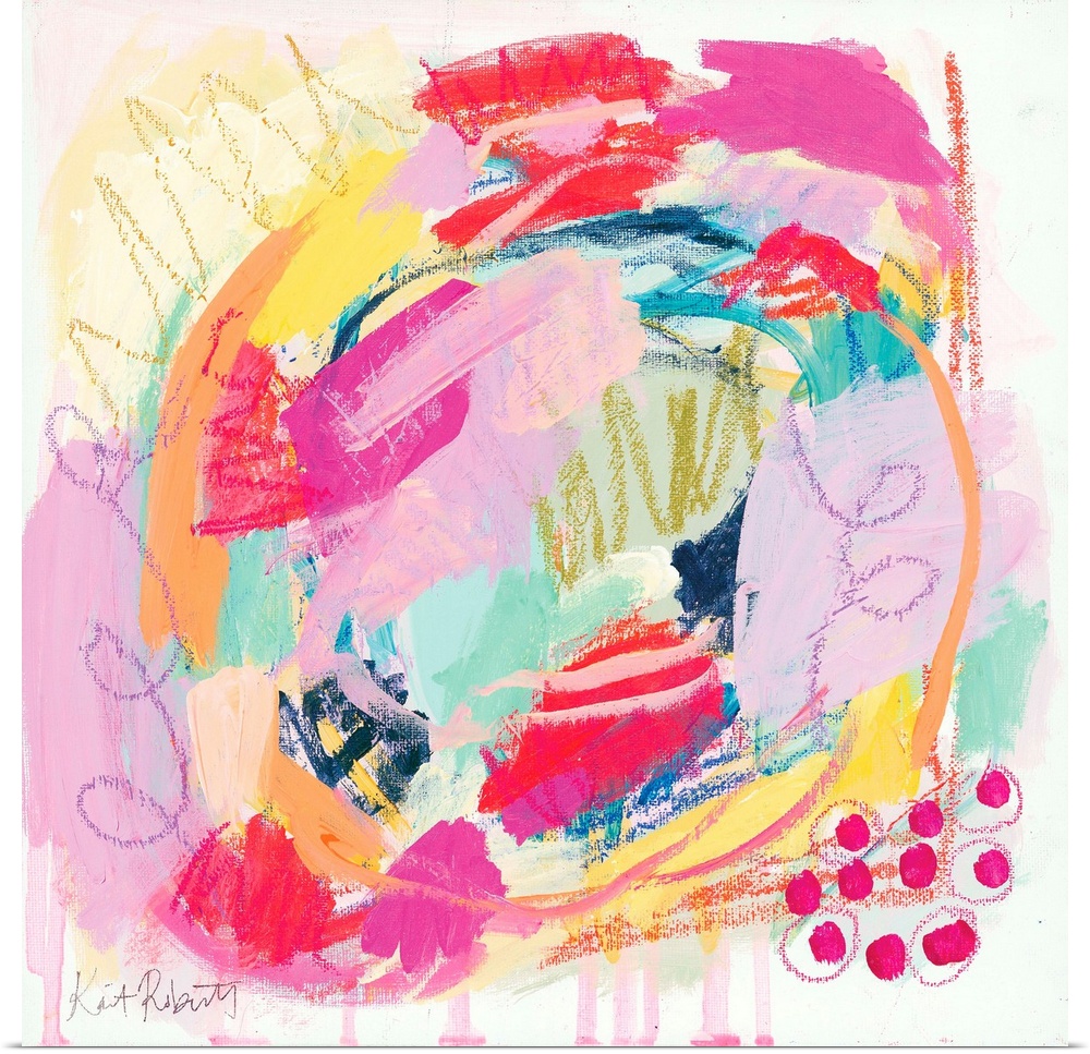 A bright, summery abstract in shades of pastel pink, lilac and yellow, featuring scribbles and circles of color. A feminin...